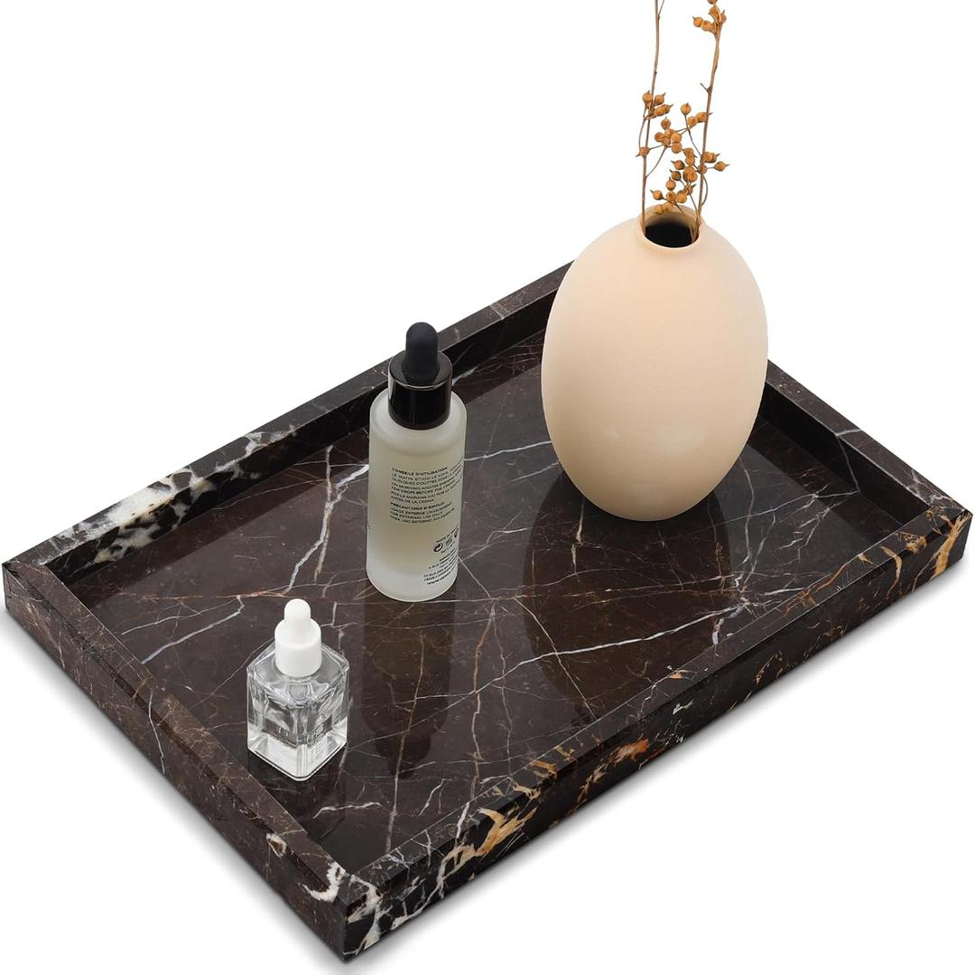 Real Natural Marble Tray for Bathroom, Vanity, Kitchen and Desktop, Rectangle Genuine Marble Stone Tray for Jewelry, Cosmetics, Candles, Lotion, Perfume and Home Decor Brown (12" x 8" x 1.2")
