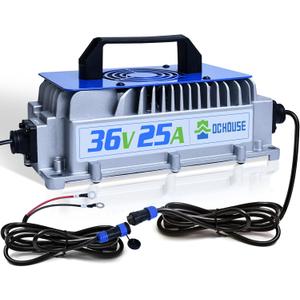 DC HOUSE 36V 25A Lithium Battery Charger, 900W Fast Charger, Charging Efficiency  93%, Waterproof Anti-Fall with Cooling Fan, Suitable for 36V Golf Cart,Trolling Motor, Forklift LiFePO4 Battery