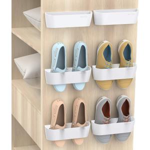 Wall Mounted Shoes Rack 6Pack with Sticky Hanging Strips, Plastic Shoes Holder Storage Organizer, Door Shoe Hangers (SM03-White-6)