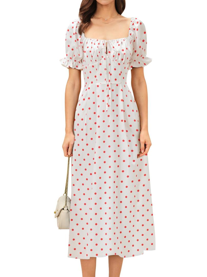 RIHOAS Womens Summer Dresses Square Neck Vintage Short Sleeve Midi Dress Casual Puff A Line Chiffon Sundress Short White, M (M)