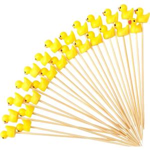 Chengu 100 Pcs Cute Duck Cocktail Picks Cupcake Picks Bamboo Toothpicks Resin Duck, Fancy Toothpicks for Appetizers Cocktail Skewers Sticks for Garnish Food Fruit Drink Hawaiian Tropical Party