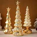 Funnymoom 3 Pack Glass Christmas Trees Lighted Christmas Tree Tabletop Glitter Christmas Centerpieces Decoration Glass Xmas Tree Holiday Figurines Ornament for Tables Mantle Holiday Fireplace(Gold)