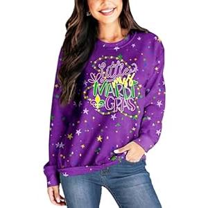 Deerose Women's Mardi Gras Sweatshirt Fat Tuesday Print Shirt Purple Parade Party Costume Sweatshirts S