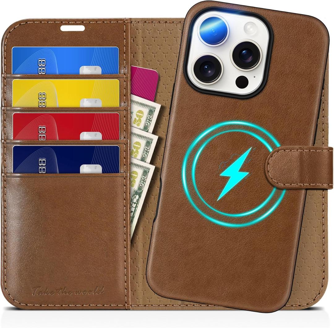 TUCCH Wallet Case for iPhone 16 Pro, [Removable] 2 in 1 [Wireless Charging] RFID Blocking [4 Card Holders] PU Leather Cover, Magnetic Detachable Stand Folio Case Compatible with iPhone 16 Pro, Brown