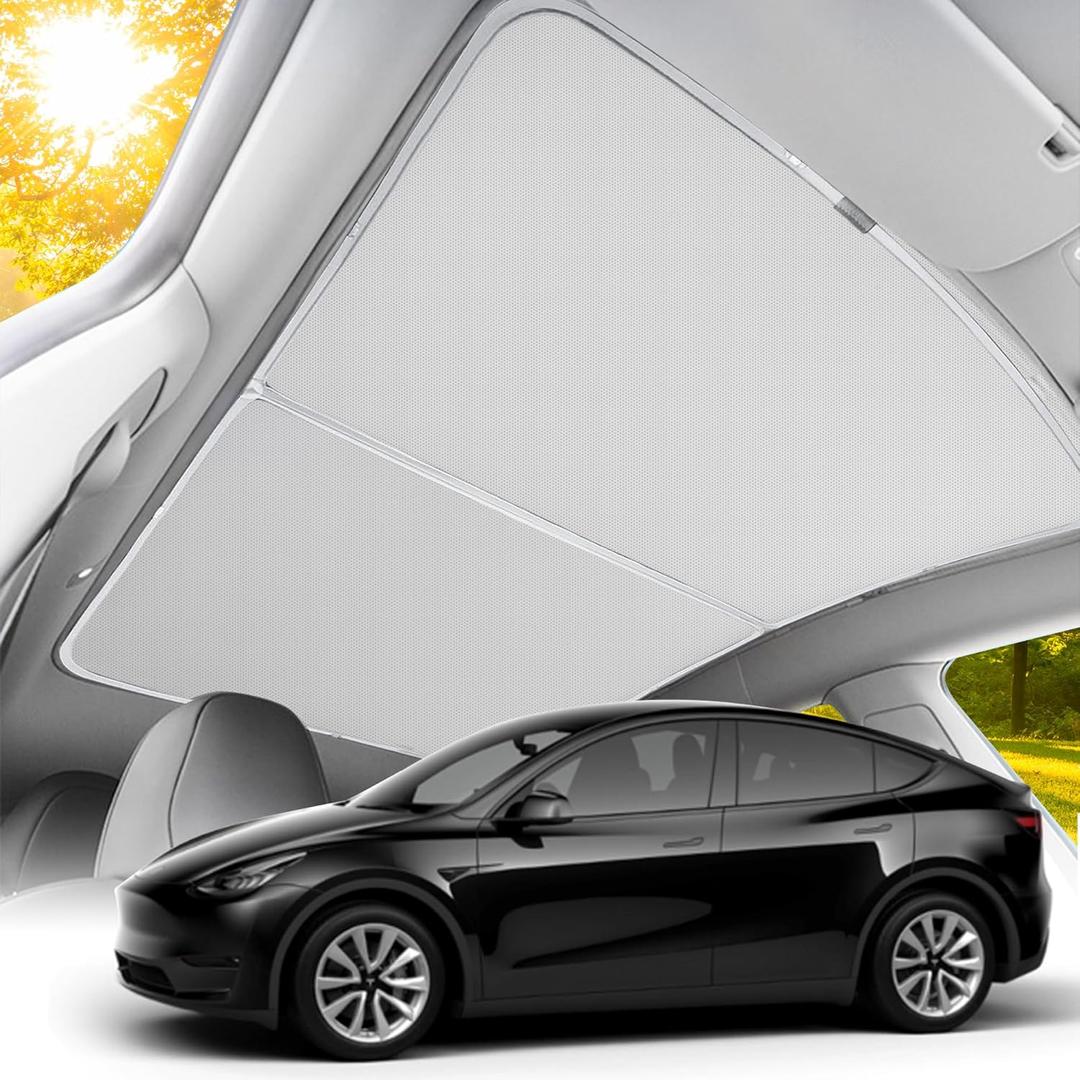 Gray Non-Sag Glass Roof Sunshade Compatible with Tesla Model Y 2021-2024, Foldable Sunroof Shade with Heat Insulation Cover for Tesla Model Y, Glass Roof Sunshade