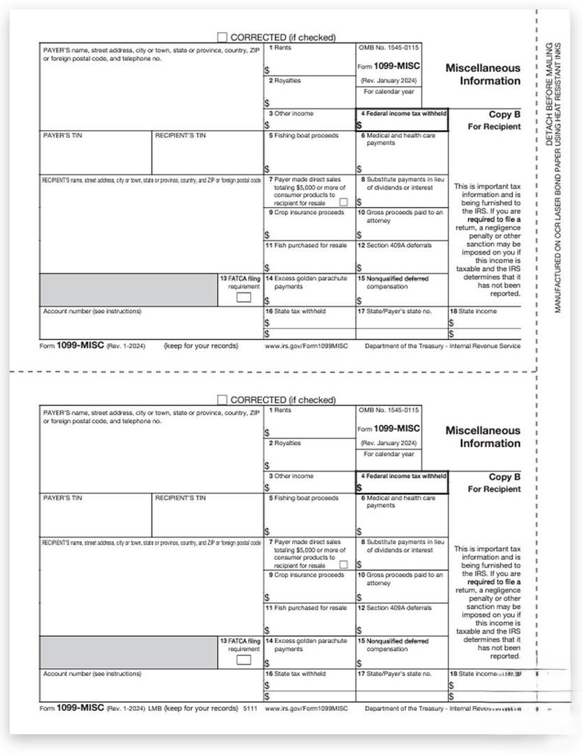 1099 MISC Laser 'Copy B' Recipient 2025, 50 Recipients of Laser MISC COPY B Forms, Compatible with QuickBooks and Accounting Software, 25 sheets