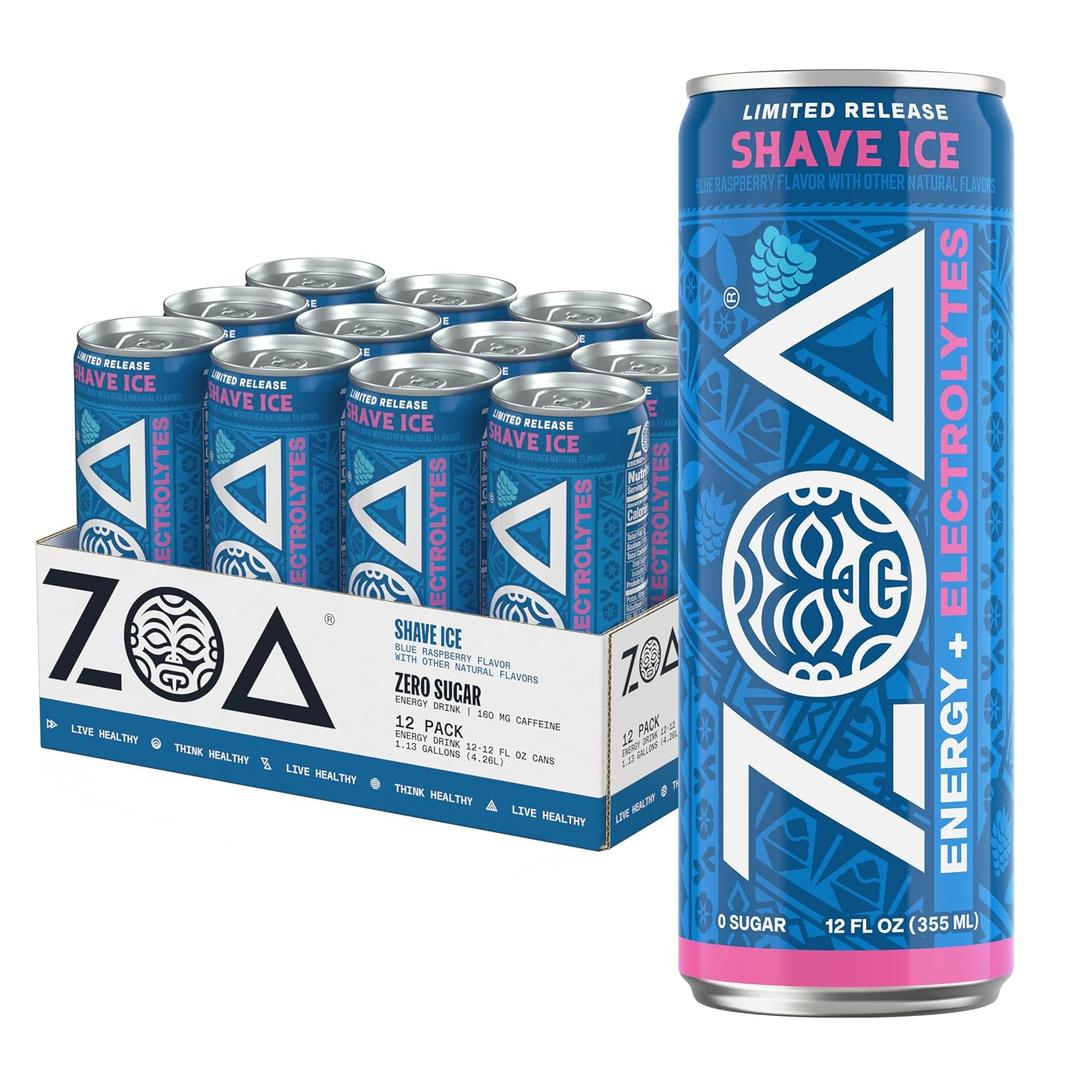 ZOA Sugar Free Energy Drink with Electrolytes, Blue Raspberry Shave Ice, Vitamin C, B Vitamins + Amino Acids, 160 mg Green Tea Caffeine, Zero Sugar, 12 oz Cans, 12 Pack (EXP 04/15/27)