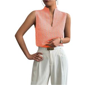 SOLY HUX Women's Work Outfits V Neck Sleeveless Blouses Summer Casual Tank Tops Business Office Dressy Striped Shirts (Orange Gingham, XL)