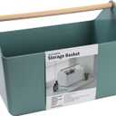 BLUE GINKGO Large Storage Basket Plastic Caddy with Wooden Handle for Bathroom, Pantry, or Cleaning Supplies (Green)
