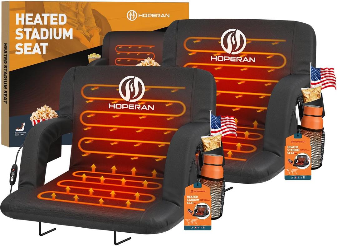 HOPERAN Heated Stadium Seats for Bleachers with Back Support Wide Cushion, Extra Portable Bleacher Seat Foldable Stadium Chair, USB 3 Levels of Heat, Pockets for Outdoor Indoor Sports 25" Black 2pcs