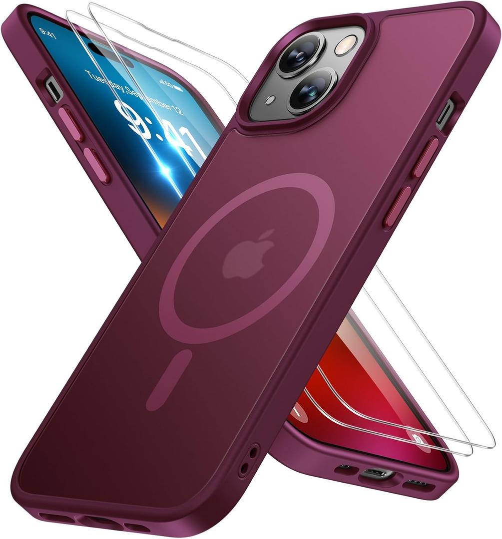 Miracase Magnetic for iPhone 15 Case (Compatible with MagSafe)with 2X Screen Protectors Military-Grade Protection, Anti-Fingerprint Translucent Matte Phone Cover for iPhone 15 6.1 inch, Wine Red