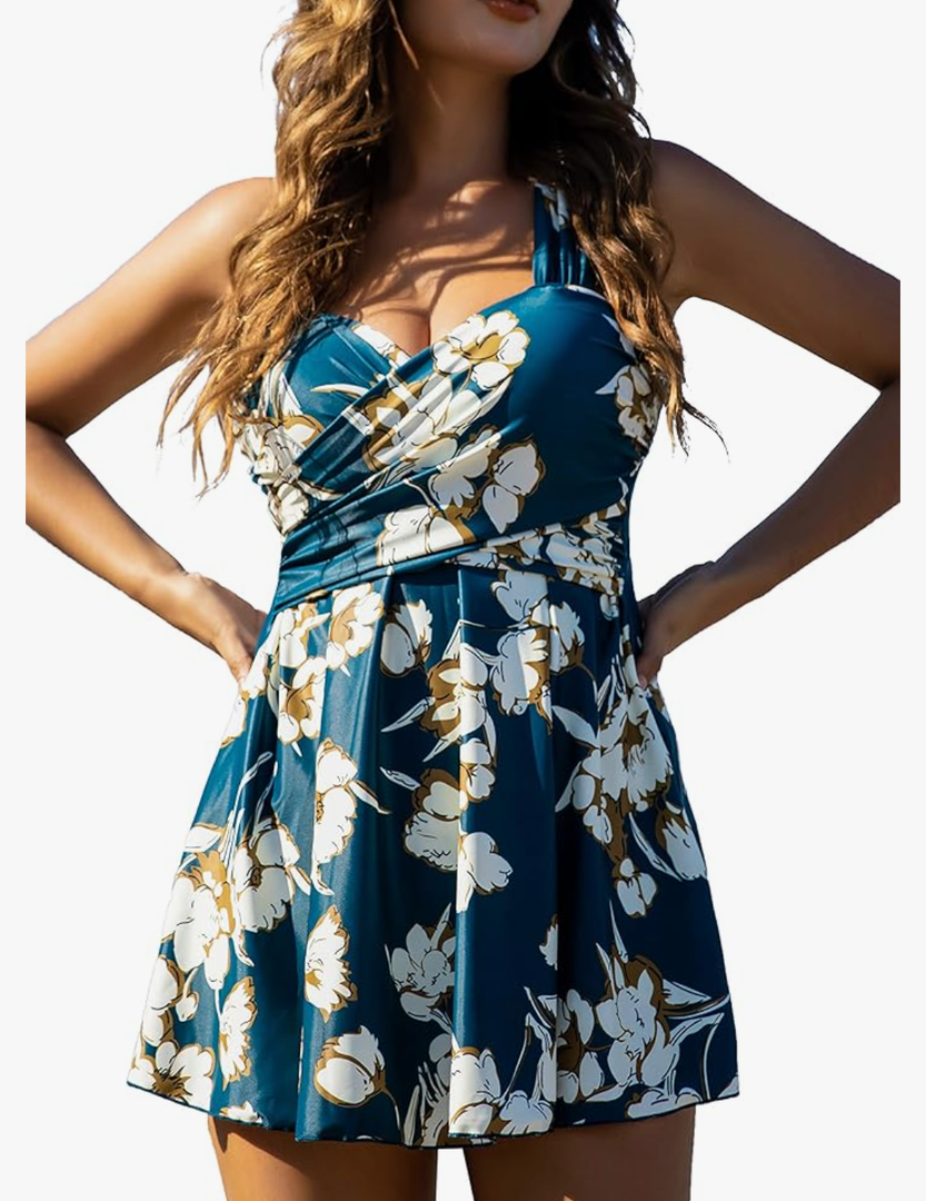 COCOPEAR Women's Elegant Crossover One Piece Swimdress Floral Skirted Swimsuit Size 6XL
