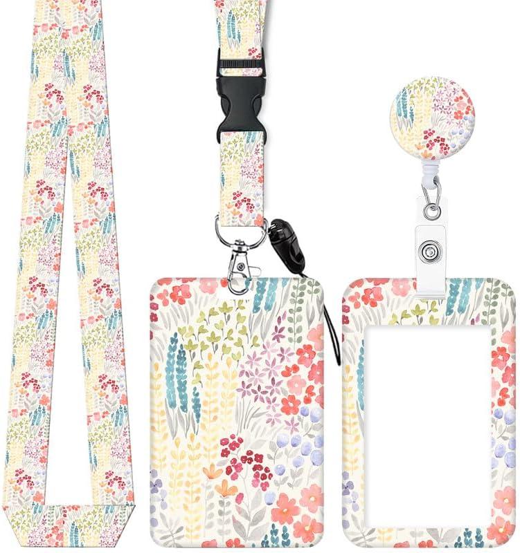 ID Badge Holder with Retractable and Detachable Lanyard, Cute Badge Reel Breakaway Lanyard with Carabiner Clip for Women, Teachers, Nurses, Students, Perfect Work and Office(Colorful Floral)