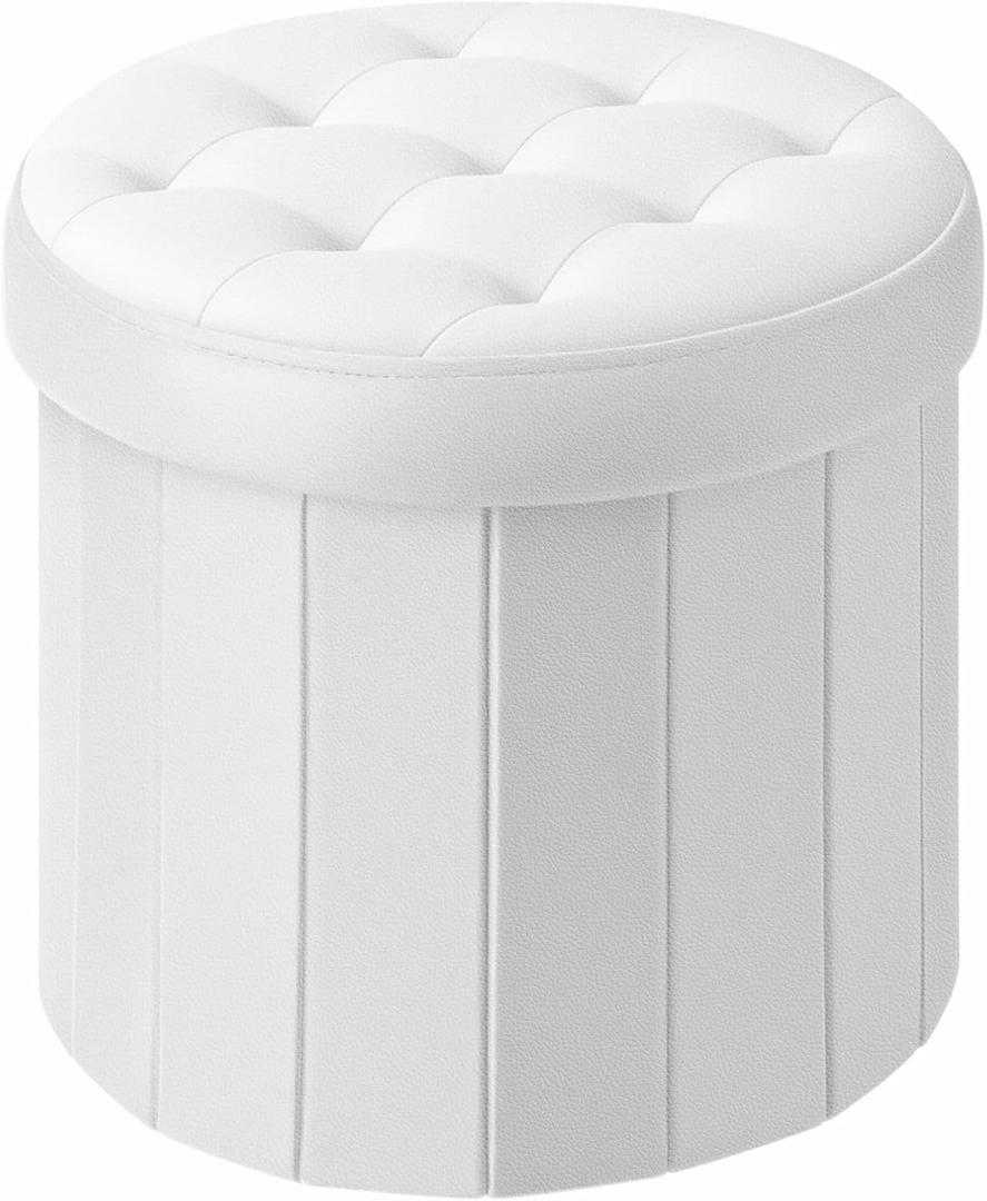 Bsketa Folding Storage Ottoman Round 14" x 14" x 13"Inch, Foot Stool with Thicker Foam Padded Seat Small Leather Storage Ottoman Bench Foot Rest for Living Room Foldable Coffee Table,White