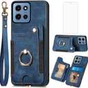 Asuwish Phone Case for Motorola Moto G 5G 2025 Wallet Cover with Tempered Glass Screen Protector and Wrist Strap Lanyard RFID Credit Card Holder Ring Stand Cell Accessories G5G 5 G G5 Women Men Blue