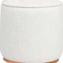 Benzara Zia 19 Inch Ottoman- White Faux Sheepskin Upholstery- Round Platform Base