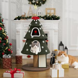 53" Large Christmas Cat Tree Tower: Indoor Green Heavy Duty Cat Condo House with Scratching Post & Toys for Xmas Decorations (L - 23.62"  23.62"  53.15")