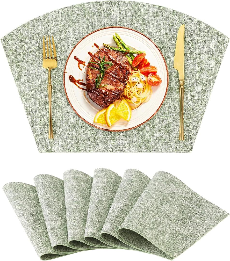 Homaxy Round Table Placemats Set of 6, Washable Wedge Shaped Faux Leather Table Mats, Wipeable Kitchen Dinner Place Mats for Indoor Outdoor, Grass Green