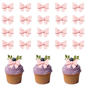 20 Pcs Bowknot Cupcake Toppers Glitter Pink Bow Cake Picks Bridal Engagement Wedding Baby Shower Birthday Party Theme Decoration Supplies (Pink)