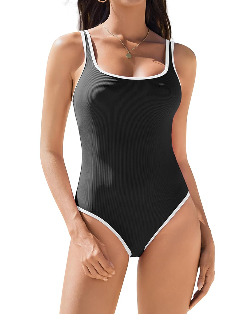 AI'MAGE Womens One Piece Swimsuit Ribbed High Cut Bathing Suit Color Block Sport Swimwear with Adjustable Strap XL