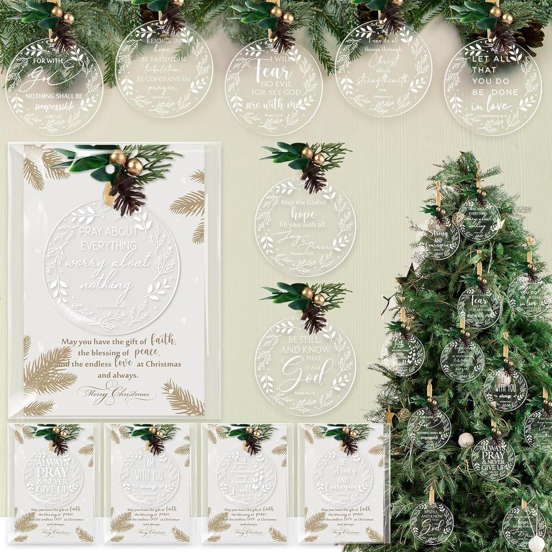 Kasyat 24 Sets Christian Christmas Ornaments Religious Ornament Bulk Gifts Bible Verse Inspirational Nativity Acrylic Christmas Tree Hanging with Cards for Women Family Church Decor (Classic)
