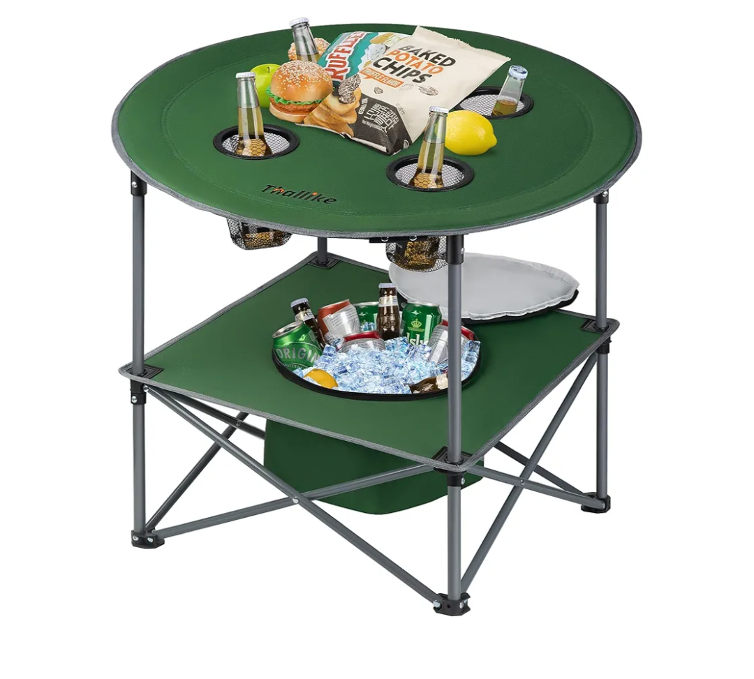 Portable Lightweight Folding Camping Table - Collapsible Foldable Picnic Camp Table with Cooler 4 Enlarged Upgraded Cup Holders and Carry Bag for Tailgating Beach BBQ RV Hiking Party Travel