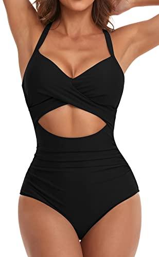 Eomenie Women's One Piece Swimsuits Tummy Control Cutout High Waisted Bathing Suit Wrap Tie Back 1 Piece Swimsuit Black Size L
