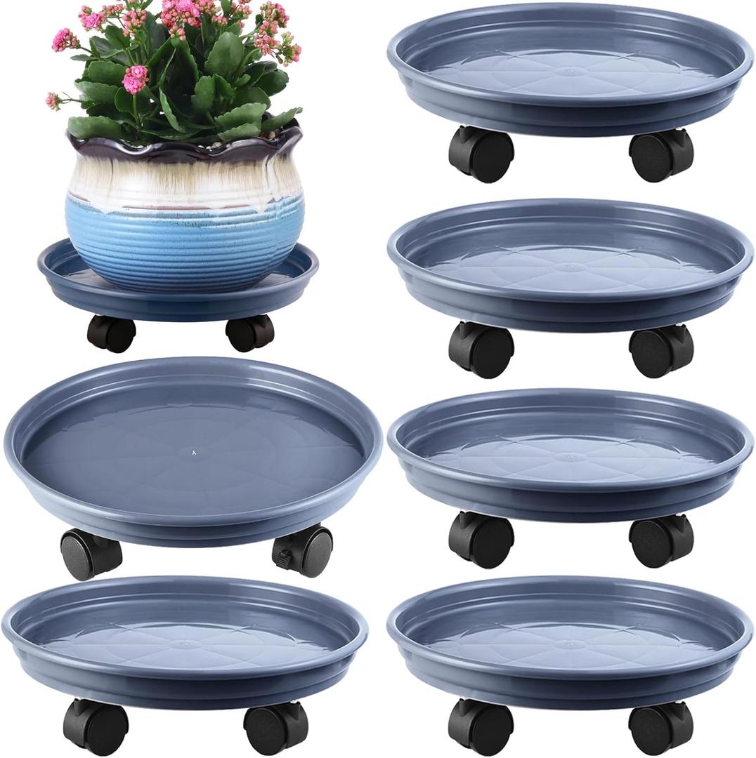 6 Packs Plant Caddy with Wheels 12" Plastic Rolling Plant Stands Heavy-duty Plant Dolly with Casters Indoor and Outdoor Plant Roller Base Large Heavy Plant Pot Saucers with Wheels Plant Mover, Grey