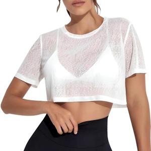 Remidoo Womens Sheer Crop Top Mesh Tee Crewneck Loose Short Sleeve Cropped T Shirt White X-Large