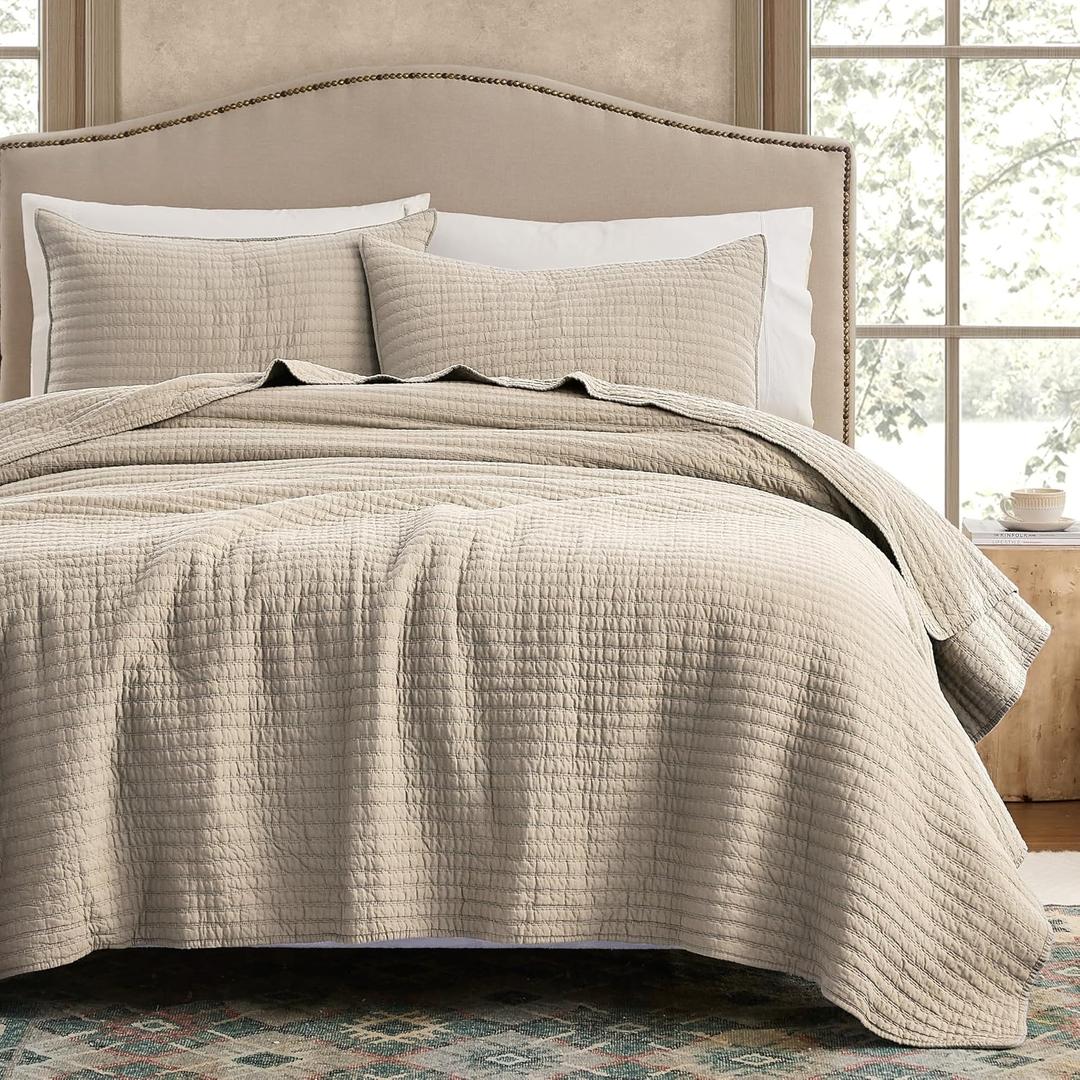WDCOZY 100% Cotton King Size Quilt Set - Beige Neutral Striped Pick Stitch Soft Lightweight Bedspread, Textured Like Linen, Farmhouse Country Rustic Coverlet, Shabby Chic Gauze Bedding, 3 Pieces