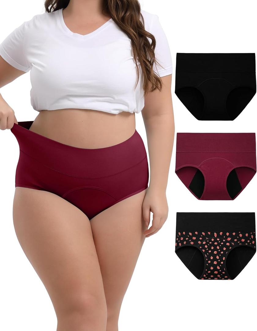 INNERSY Women's Plus Size Period Underwear High Waisted Reusable Menstrual Panties 3 Pack(Rose Print, 3X-Large)
