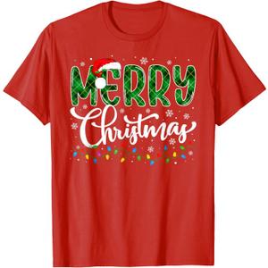 Merry Christmas Green Buffalo Plaid Xmas Lights Family Santa T-Shirt, XL