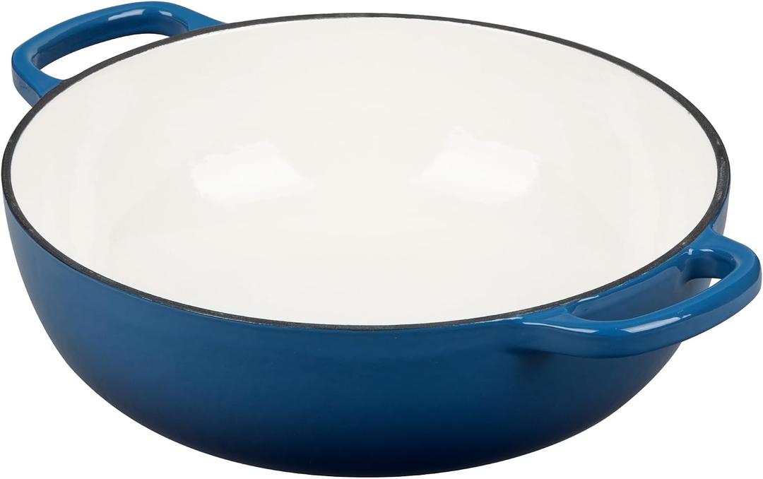 Enameled Cast Iron Dutch Oven Shallow Casserole Braiser with Dual Handle, 3.8 QT, Lake Blue