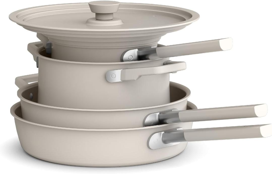 bella 9 Piece Ceramic Nonstick Cookware Set, Fits-anywhere Kitchenware w EverGood Coating, Dishwasher & Oven Safe, All Stovetops Compatible, Stackable Design, Cool Touch Handles, Oatmilk
