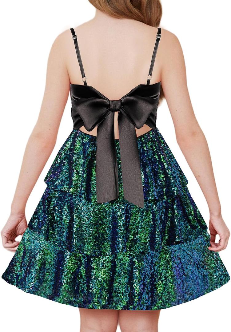 GRACE KARIN Girls Sequin Formal Dresses Kids Party Special Occasion Fancy Dress Tie Back 3 Layer Prom Graduation Outfits, 7Y
