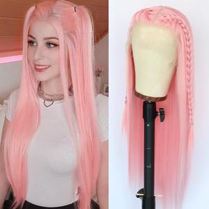 Light Pink Synthetic Lace Front Wigs Long Straight Hair Pink Lace Wigs Natural Hairline Pre Plucked Glueless Synthetic Lace Wigs Heat Resistant Fiber Hair Light Pink Wigs for Women Daily Wear