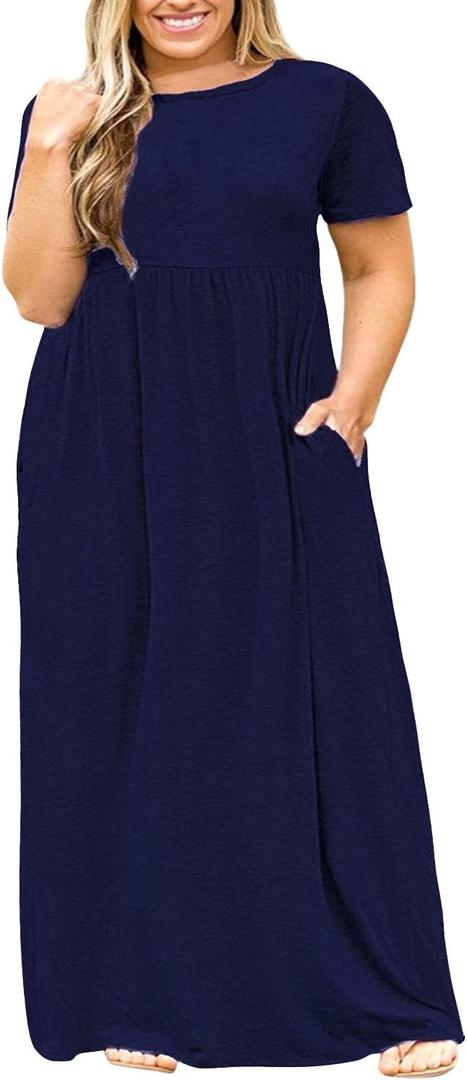 Nemidor Plus Size Maxi Dresses for Curvy Women Summer Casual Loose Short Sleeve Long Beach Dress with Pocket (Navy)