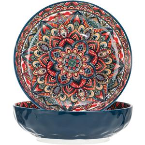 Boho Large Serving Bowls, 10.2 Inch Fruit Salad Bowls, Decorative Serving Dishes for Entertaining, 80 OZ Pasta Bowls Set of 2, Vibrant Colorful Soup Bowls for Party, Home Decor, Bohemian Style Gift (Blue)