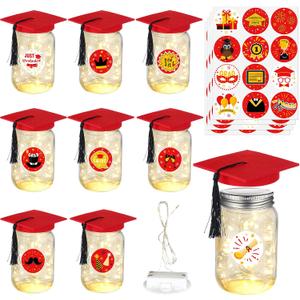 8 Pack 2026 Graduation Centerpieces for Tables Mason Glass Jar Centerpieces with LED Lights Graduation Party Decorations Set with Caps and Stickers for High School College Congrats Grad Decor Supplies