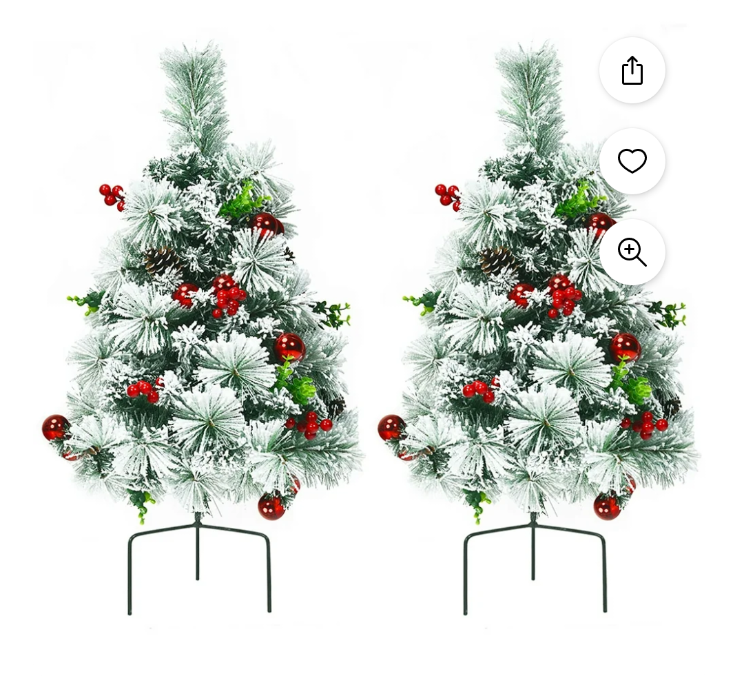 Set of 2 24in Battery Powered Pre-lit Pathway Flocked Christmas Trees Outdoor
