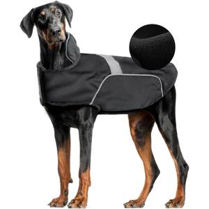 Waterproof Dog Raincoat Dog Winter Jacket Lightweight Windproof Dog Rain Coat with Velvet Inner, Adjustable Wider Velcro, Leash Hole, Reflective Stripes for Small Medium Large Dogs (Black, L)