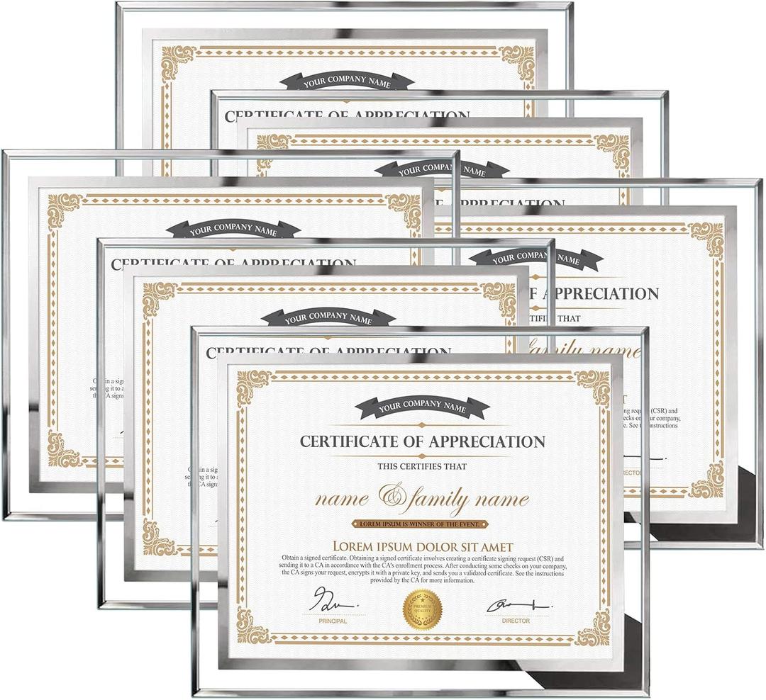 Hoikwo 8.5x11 Picture Frames, 6 Packs Silver Glass Certificate Frames for Document Diploma Award, Only for Tabletop Display Vertically or Horizontally (8.5x11-6 Frames)