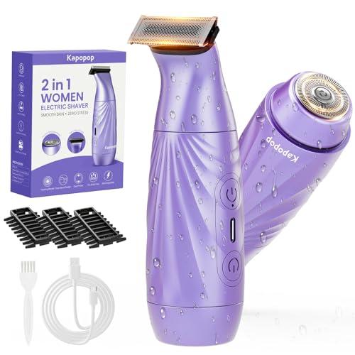 Kapopop New Designed for Sensitive Skin Painless 2-in-1 Bikini Trimmer for Women, Dual Heads Electric Shaver & Razor for Body Pubic Underarm&Facial Hair, IPX7 Waterproof, Rechargeable Cordless Razor