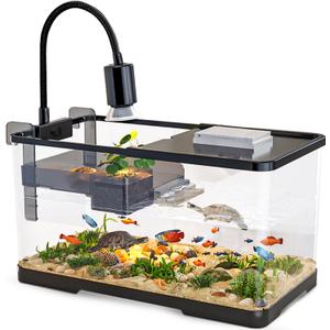 (Tank + Light + Filter + Filter Balls) Turtle Tank Kit, Turtle Tank Starter Kit,Bottom Drainage, Multi-Function Areas for Turtles, Crabs,Fishes, Amphibians,Reptiles. (15.75 x 8.64 x 8.64 Inch)