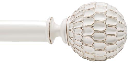 Vintage White Boho Curtain Rod for Windows 48 to 84, 1-inch Heavy-Duty Adjustable Curtain Rod with Decorative Pinecone finials for Farmhouse Living room, Bedroom, Dining room