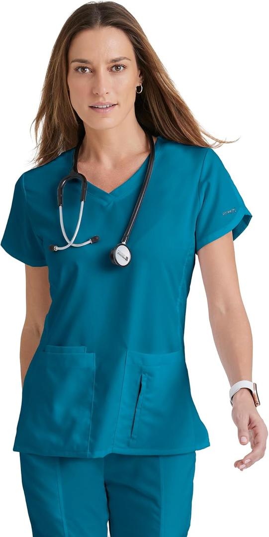 Grey’s Anatomy by Barco Classic Cora Scrub Top for Women – Bahama, 4-Pocket Crossover V-Neck Scrub Shirt with Natural Stretch, Soil Release Fabric, and Super-Soft Finish – Small, Regular Fit