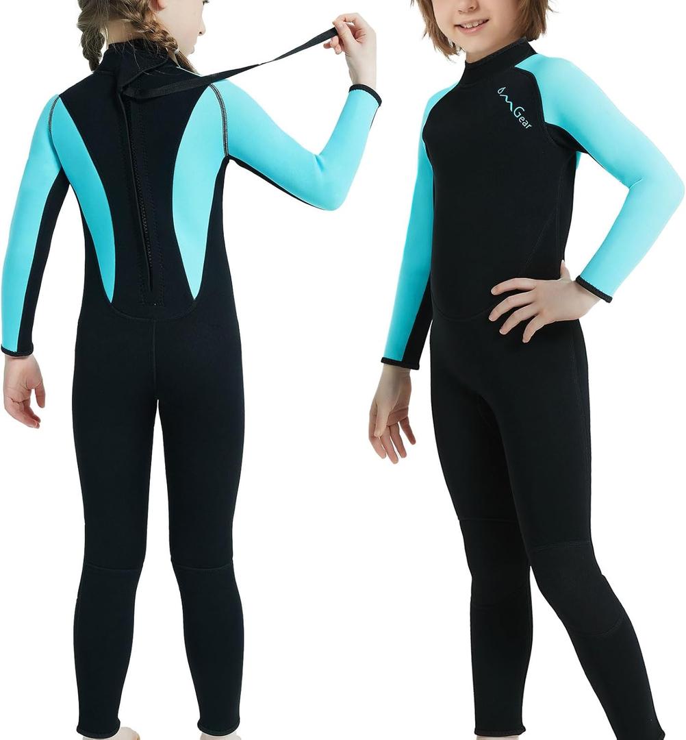 OMGear Wetsuit Kids 2mm 3mm Shorty Neoprene one Piece Short Sleeves Diving Suits Back Zipper Thermal Swimsuit for Youth Boys Girls Scuba Diving Surfing Snorkeling Swimming Water Sports (10, Full/Light Blue)