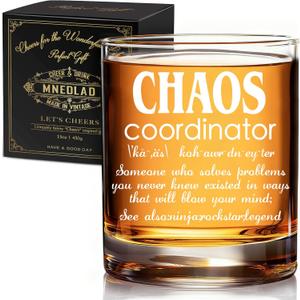 Whiskey Glass for Men - "Chaos Coordinator" 11oz Thank You Gift for Boss, Coworker, Dad & Teacher, Office Retirement/Birthday Appreciation Gifts -299