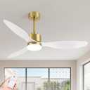 52" Contemporary Ceiling Fans with Lights and Remote, Quiet DC Motor, 3 Reversible Blades, 6-Speed, Modern Gold and White Low Profile Ceiling Fan with 3-Color LED Light Fandelier for Bedroom
