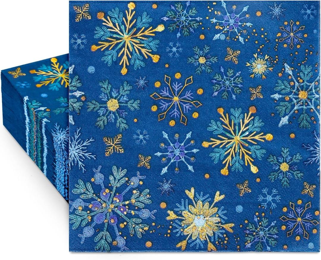 Whaline 80 Pack Winter Snowflake Paper Napkins Christmas Disposable Napkins Blue Gold Xmas Luncheon Dinner Napkins for Party Supplies Table Decor, 6.5 x 6.5 Inch